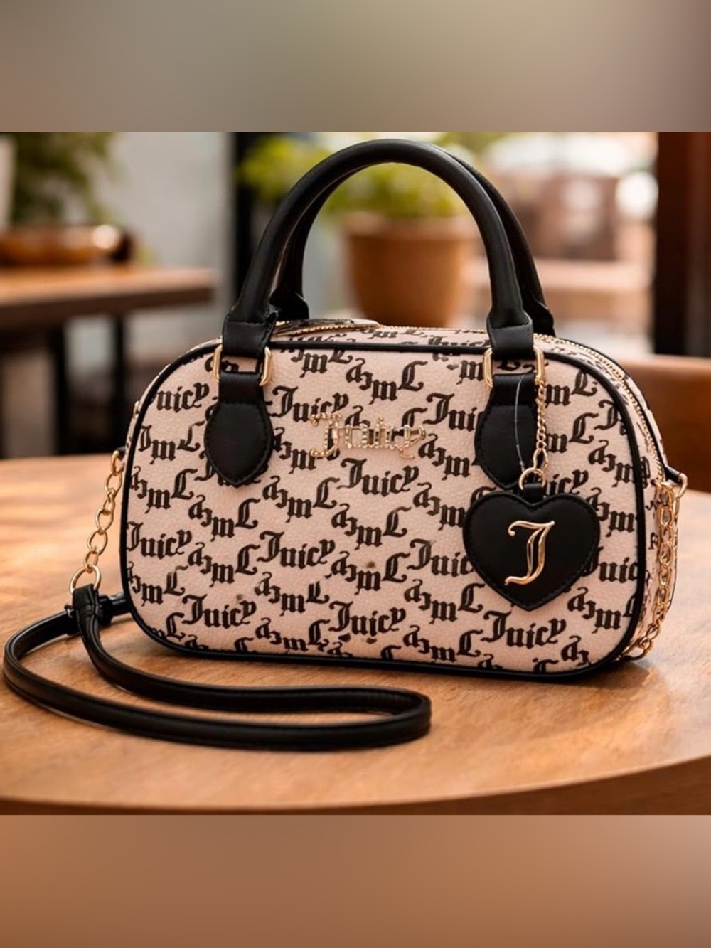 Juicy Couture Logo Print, Black & Beige Crossbody with Handles, NWT Retail $80 - Picture 3 of 9